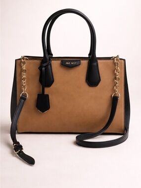Nine West Tan and Black Structured Satchel with Gold Chain Accents